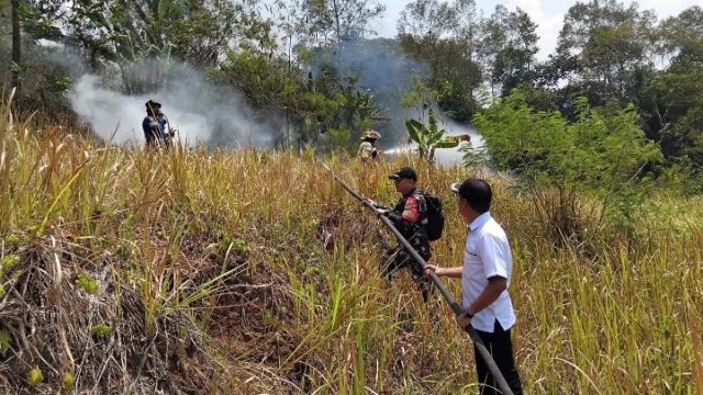 Aksi Cepat Babinsa Kodim 0410/KBL Bersama Damkar Padamkan Kebakaran Lahan Di Bukit Sepagoh