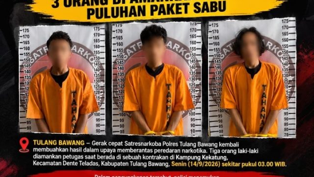 Satresnarkoba Polres Tulang Bawang Gerebek Kontrakan Dini Hari, 3 Orang Di Amankan Bersama Puluhan Paket Sabu